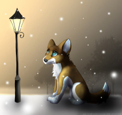 Картинка рисованные животные +собаки снег фонарь собака фон
