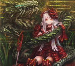 Картинка аниме -weapon +blood+&+technology арт маска дракон девушка denki оружие меч