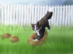 Картинка рисованные животные +собаки забор трава собака