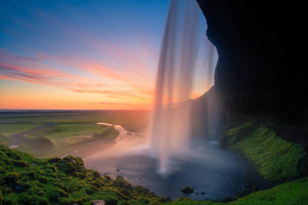 обоя природа, водопады, скала, вода, рассвет