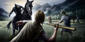 Картинка фэнтези люди доспехи всадник лошадь враги бой копья арт фантастика