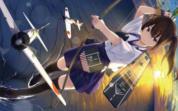 Картинка аниме kantai+collection art жест взгляд kaga aircraft carrier закат море самолеты лук оружие девушка unasaka ryou kantai collection