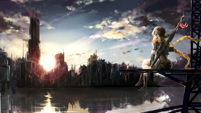 Обои картинки фото аниме, -weapon,  blood & technology, арт, девушка, shakugan, сидя, оружие, закат, вода, руины, город, облака, цветок, винтовка