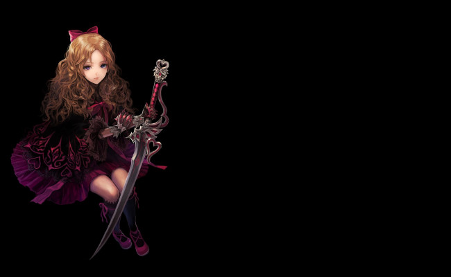 Обои картинки фото аниме, -weapon,  blood & technology, меч, девушка, agasang, бант, платье, темный, фон