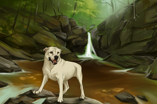 Обои картинки фото рисованные, животные,  собаки, водопад, собака