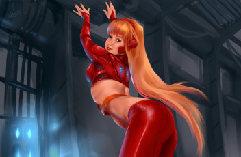 Картинка фэнтези девушки волосы поза красный костюм фантастика взгляд девушка арт