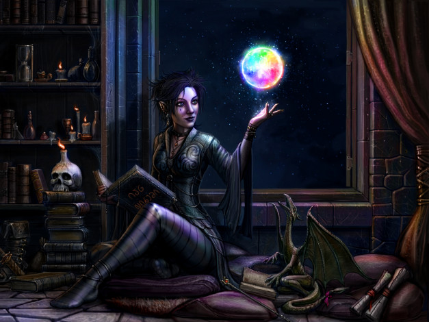 Обои картинки фото фэнтези, эльфы, маг, эльф, девушка, свеча, череп, окно, ночь, сфера, дракон, магия, книга