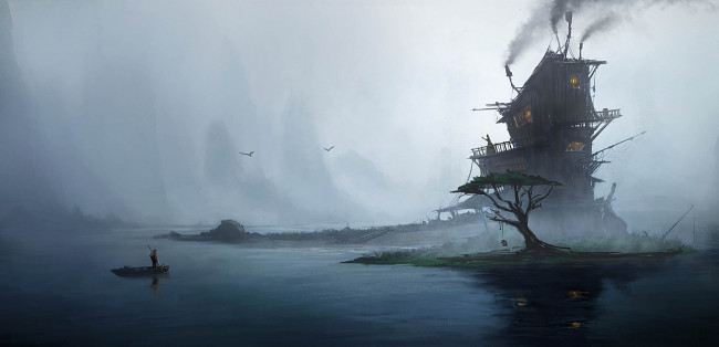 Обои картинки фото фэнтези, иные миры,  иные времена, туман, дерево, emmanuel, shiu, дом, люди, лодка, арт