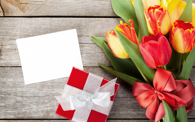 Обои картинки фото цветы, тюльпаны, подарок, бантик, tulips, gift