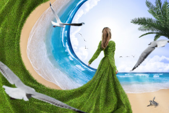 Картинка разное компьютерный+дизайн чайка платье море фон девушка пляж