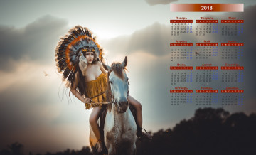 обоя календари, девушки, перья, индеец, лошадь
