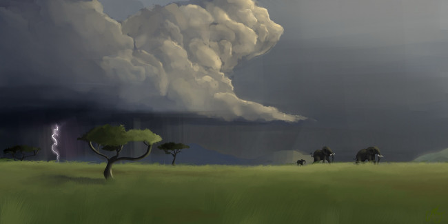 Обои картинки фото рисованное, животные,  слоны, молния, туча, деревья, трава