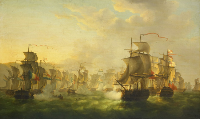 Обои картинки фото рисованное, живопись, корабль, мартинус, шуман, баталия, картина, сражение, между, голландским, и, английским, флотом, масло