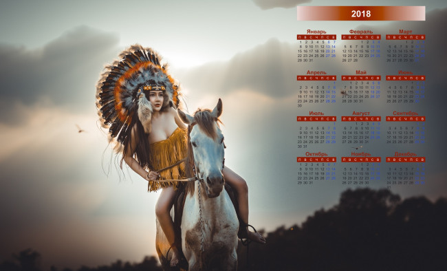 Обои картинки фото календари, девушки, перья, индеец, лошадь