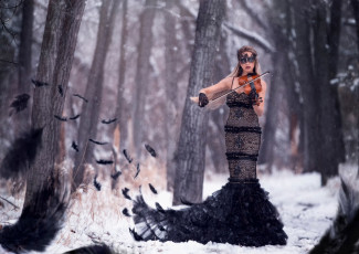 Картинка музыка -другое скрипка девушка природа перо маска снег
