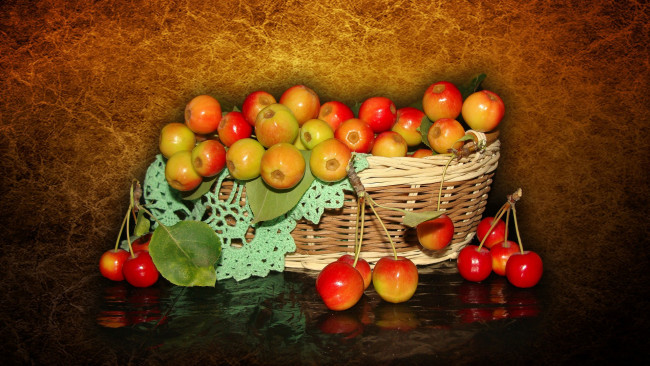 Обои картинки фото еда, вишня,  черешня, настроение, яблоки, красота, корзинка, красивые, beautiful, китайка, beauty, harmony