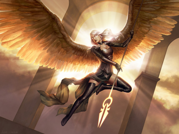 Обои картинки фото фэнтези, ангелы, фон, девушка, копьё, крылья, униформа