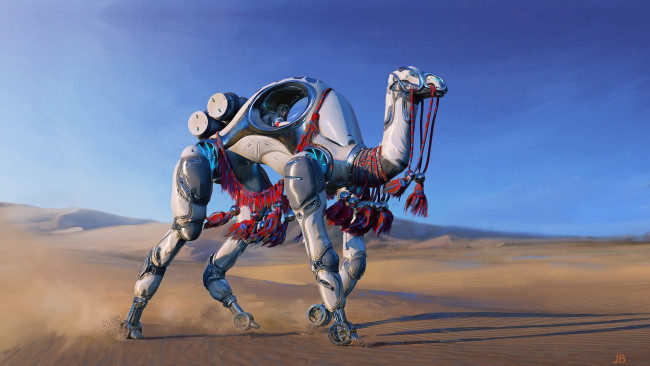 Обои картинки фото фэнтези, роботы,  киборги,  механизмы, пустыня, водитель, робот, верблюд