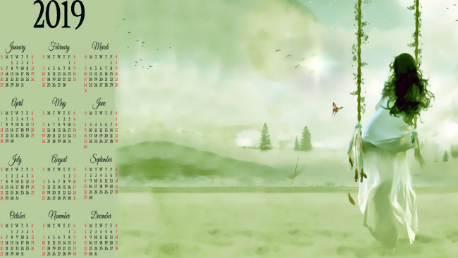 Обои картинки фото календари, фэнтези, calendar, 2019, растение, природа, качели, девушка
