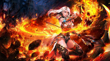 Картинка видео+игры perfect+world +total+war девушка копье огонь магия камни