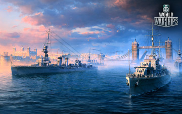 обоя видео игры, world of warships, корабли, море, англия, мост, здания