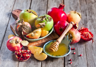 Картинка еда фрукты +ягоды мед гранат яблоки