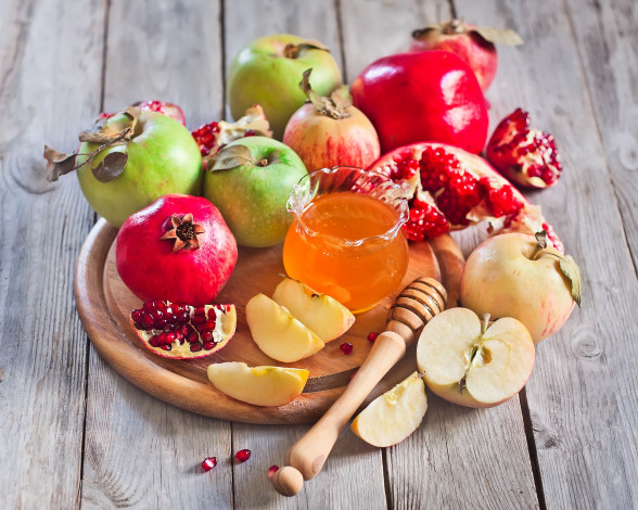 Обои картинки фото еда, фрукты,  ягоды, гранат, мед, яблоки