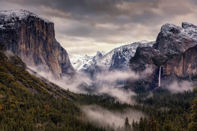 Обои картинки фото природа, горы, национальный, парк, йосемити, лес, облака, калифорния, небо, сша