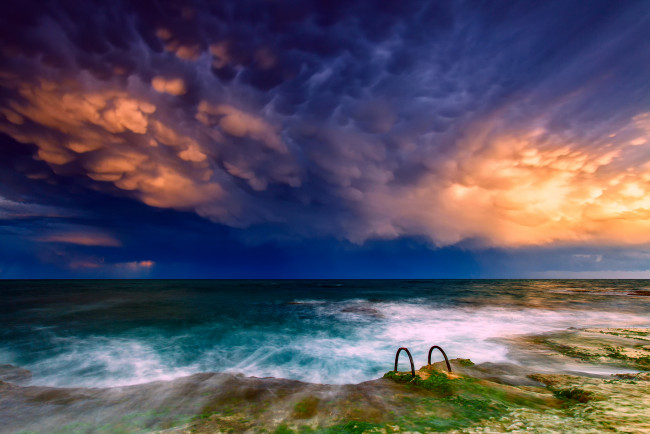 Обои картинки фото природа, моря, океаны, море, небо, облака, пирс, выдержка