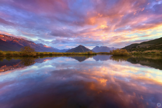 Обои картинки фото природа, восходы, закаты, уакатипу, отражения, горы, озеро, южный, остров, новая, зеландия, небо, облака