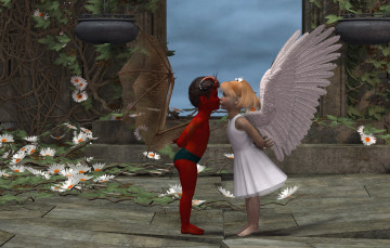 Картинка 3д+графика фантазия+ fantasy демон дети ангел цветы