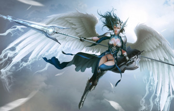 обоя фэнтези, ангелы, арт, магия, оружие, крылья, девушка, dodqkrwnl