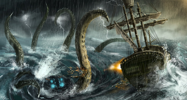 Обои картинки фото фэнтези, существа, кракен, шторм, дождь, корабль