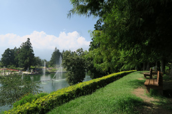 Картинка природа парк скамейки фонтаны водоем
