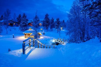 Картинка природа зима деревня мост деревья снег сугробы