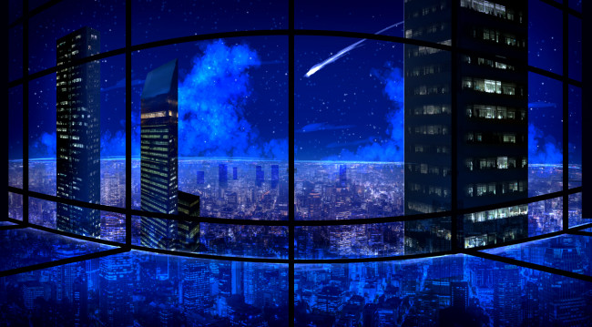 Обои картинки фото аниме, город,  улицы,  здания, ночь