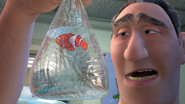 Обои картинки фото мультфильмы, finding nemo, лицо, мужчина, рыба, вода, пакет