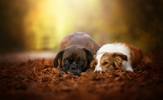 Обои картинки фото животные, собаки, боке, пара, листья, осень