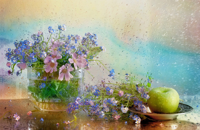 Обои картинки фото еда, натюрморт, яблоко, ваза, букет, цветы