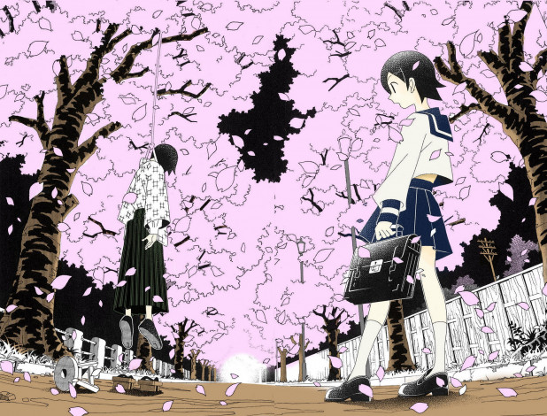 Обои картинки фото аниме, sayonara zetsubo sensei, сакура, аллея, школьница, петля, учитель