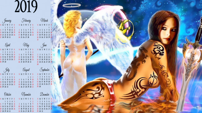 Обои картинки фото календари, фэнтези, 2019, calendar, рисунок, девушка, узор, тату, крылья, оружие