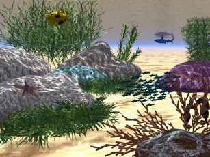 обоя 3д, графика, sea, undersea, море, камни, рыбки, растения