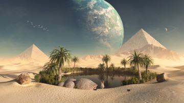 Картинка 3д графика nature landscape природа оазис пирамиды пальмы пустыня озеро земля планета пейзаж