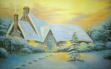 обоя thomas, kinkade, рисованные, рождество, зима, ёлка, снег, дом