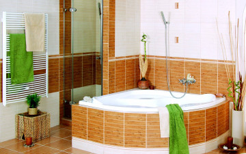 Картинка интерьер ванная туалетная комнаты ванна душ полотенца свечи