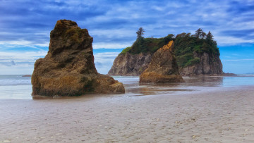 Картинка природа побережье тучи горизонт океан растительность скалы пляж