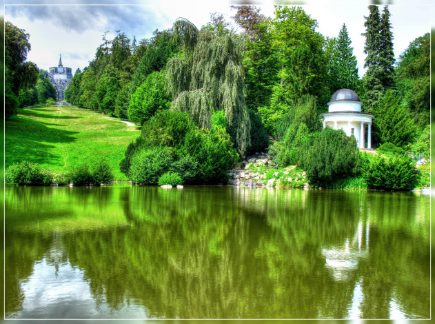 Обои картинки фото природа, парк, пруд, деревья, трава, беседка