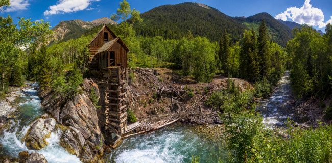 Обои картинки фото crystal, mill, colorado, природа, реки, озера, river, колорадо, кристал, панорама, горы, деревья, лес, река, водяная, мельница