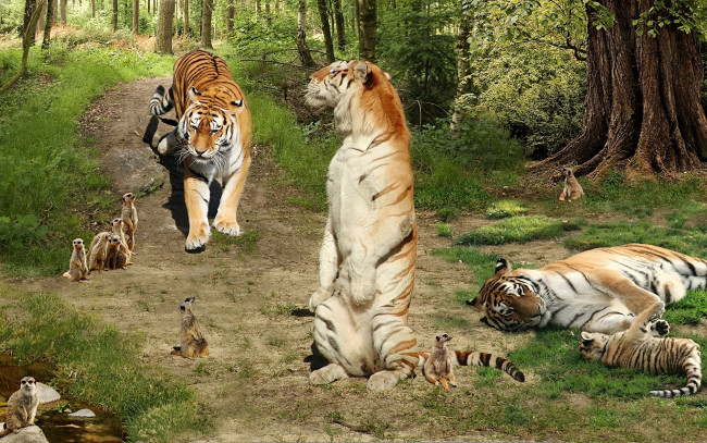 Обои картинки фото разное, компьютерный, дизайн, сурикаты, тигры