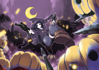 Картинка аниме -halloween+&+magic тыквы месяц убийца ночь девушка шляпа монстры гильзы оружие